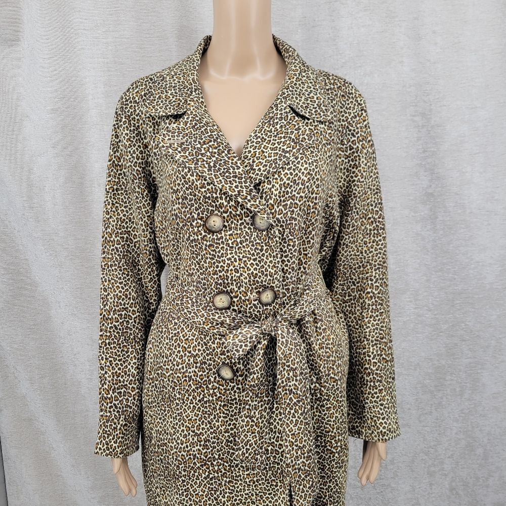 Tasha Polizzi Trench Coat Vintage Linen Leopard Print Double Breasted - Picture 3 of 13